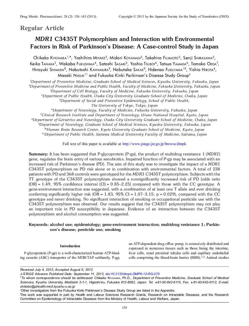 MDR1 C3435T Polymorphism and Interaction with Environmental Factors in Risk of Parkinson's Disease: A Case-control Study in Japan 