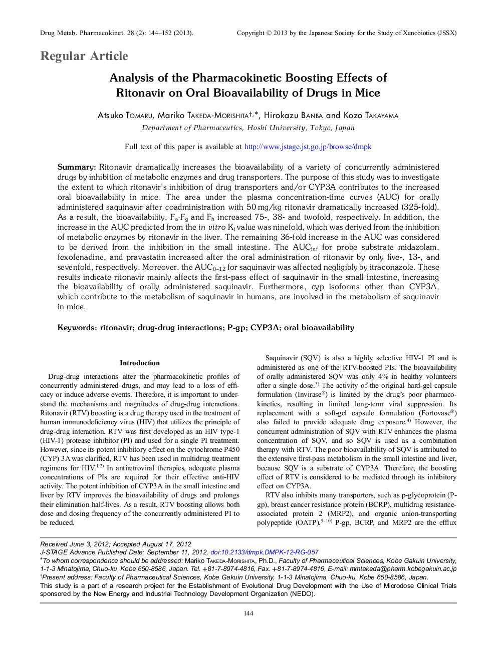 Analysis of the Pharmacokinetic Boosting Effects of Ritonavir on Oral Bioavailability of Drugs in Mice 