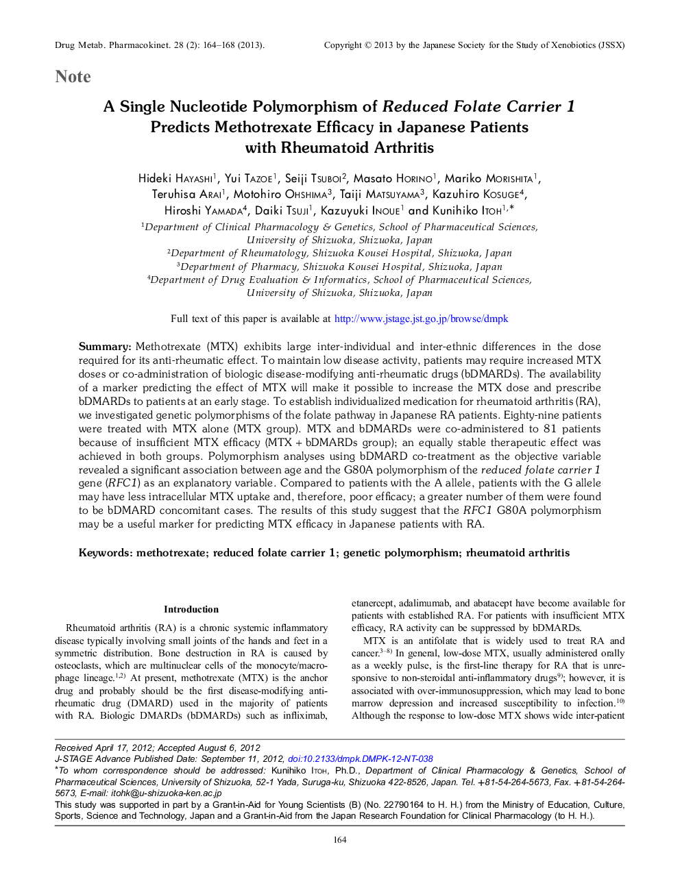A Single Nucleotide Polymorphism of Reduced Folate Carrier 1 Predicts Methotrexate Efficacy in Japanese Patients with Rheumatoid Arthritis 