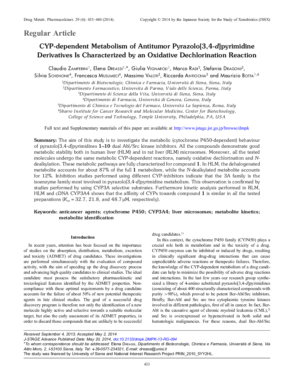 CYP-dependent Metabolism of Antitumor Pyrazolo[3,4-d]pyrimidine Derivatives Is Characterized by an Oxidative Dechlorination Reaction 