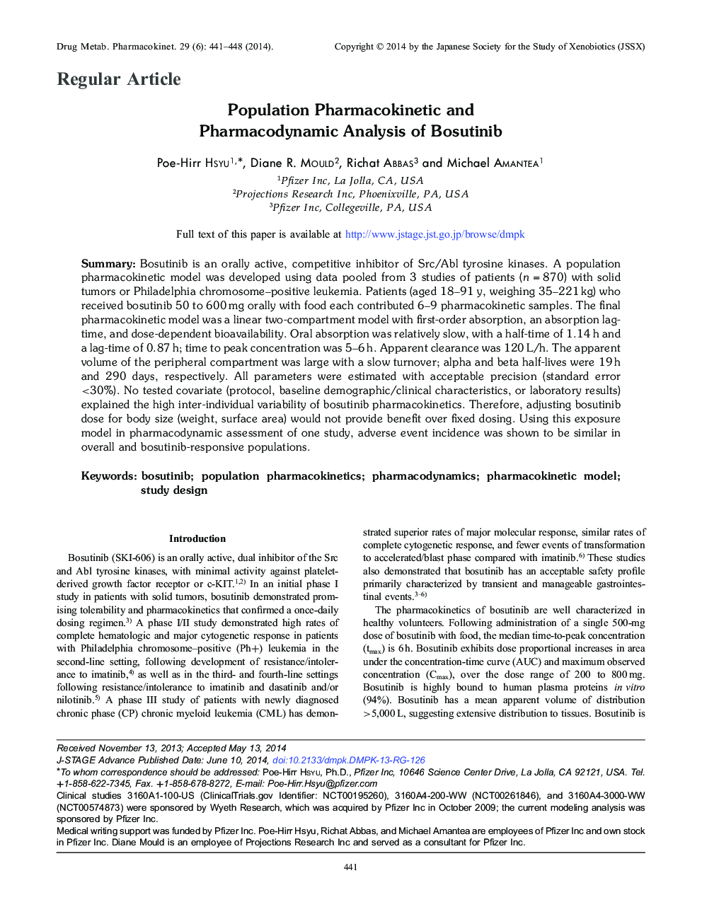 Population Pharmacokinetic and Pharmacodynamic Analysis of Bosutinib 