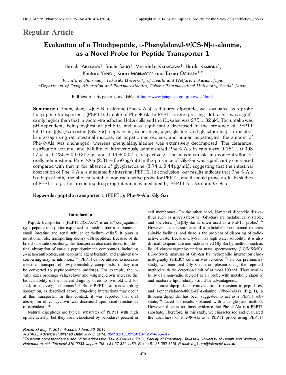 Evaluation of a Thiodipeptide, l-Phenylalanyl-Ψ[CS-N]-l-alanine, as a Novel Probe for Peptide Transporter 1
