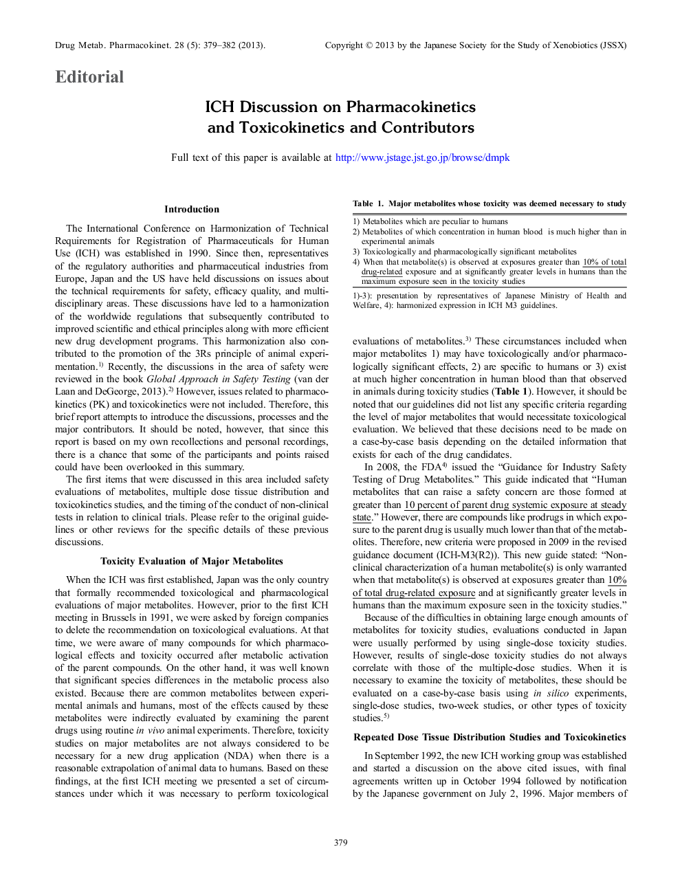 ICH Discussion on Pharmacokinetics and Toxicokinetics and Contributors