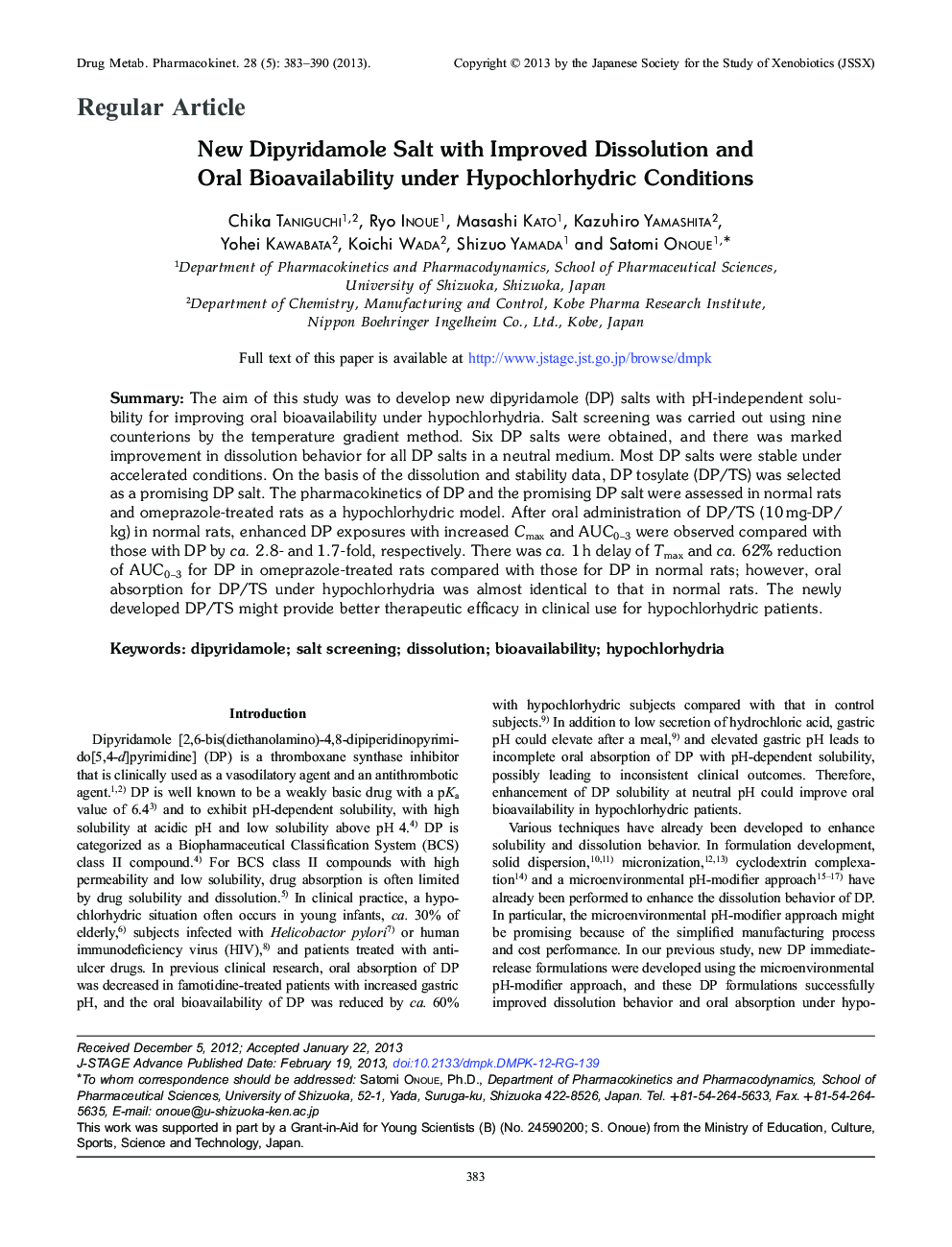 New Dipyridamole Salt with Improved Dissolution and Oral Bioavailability under Hypochlorhydric Conditions 