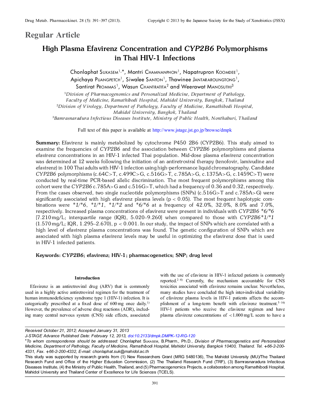 High Plasma Efavirenz Concentration and CYP2B6 Polymorphisms in Thai HIV-1 Infections 