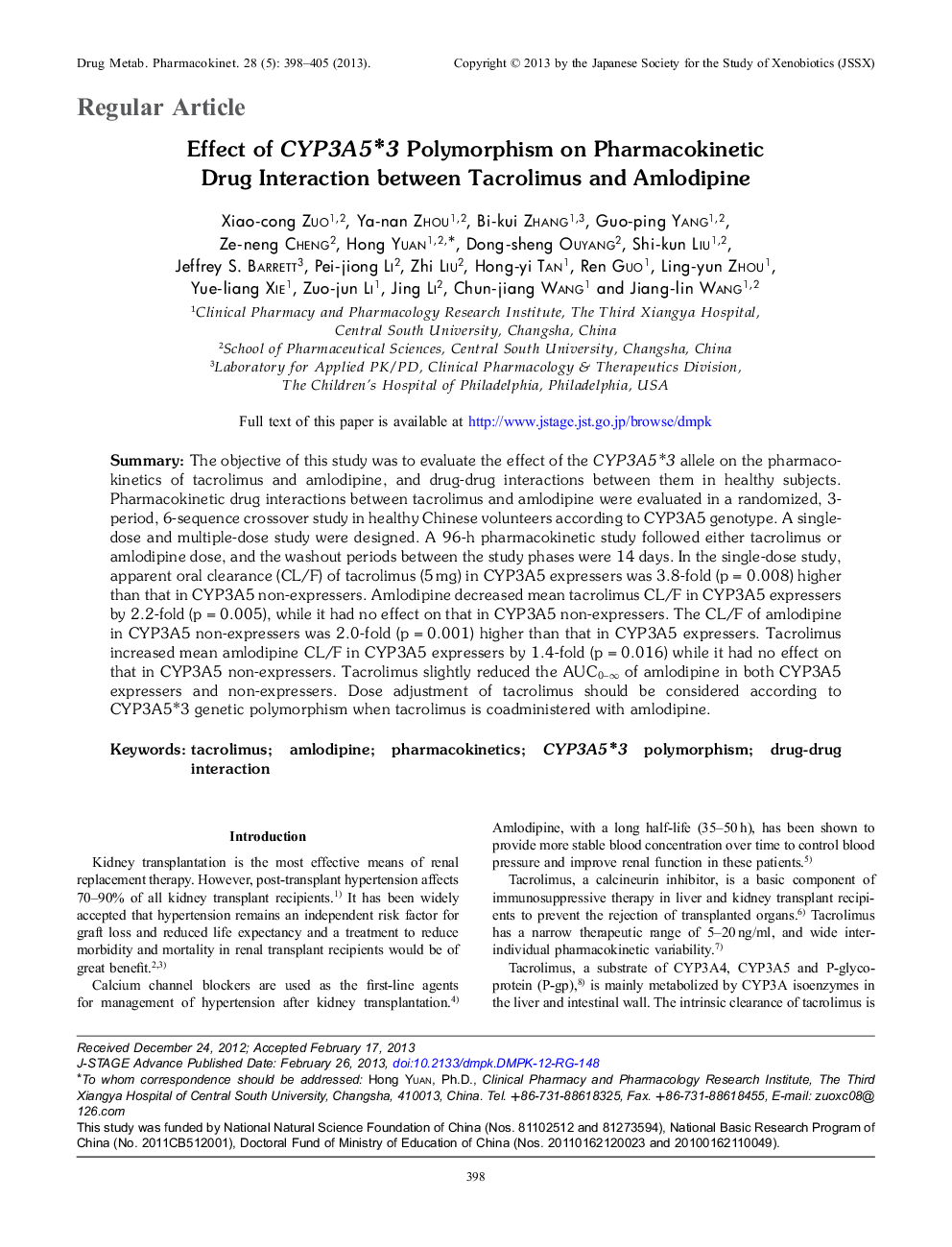 Effect of CYP3A5*3 Polymorphism on Pharmacokinetic Drug Interaction between Tacrolimus and Amlodipine 