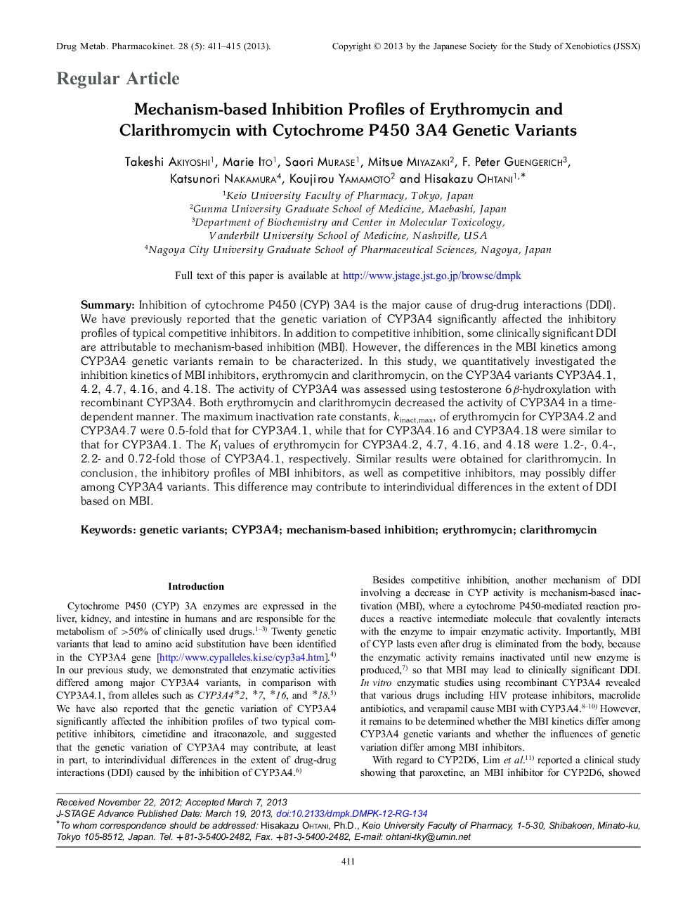 Mechanism-based Inhibition Profiles of Erythromycin and Clarithromycin with Cytochrome P450 3A4 Genetic Variants