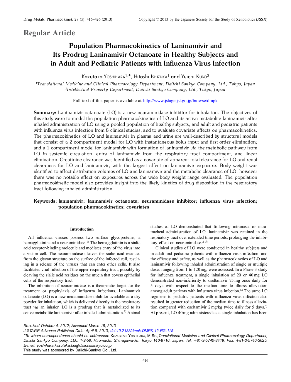 Population Pharmacokinetics of Laninamivir and Its Prodrug Laninamivir Octanoate in Healthy Subjects and in Adult and Pediatric Patients with Influenza Virus Infection 