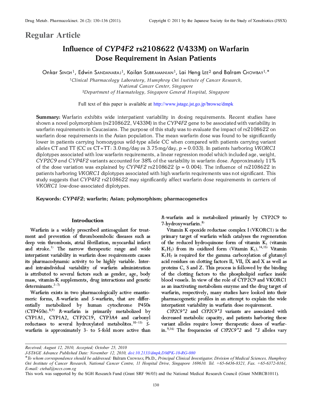 Influence of CYP4F2 rs2108622 (V433M) on Warfarin Dose Requirement in Asian Patients 