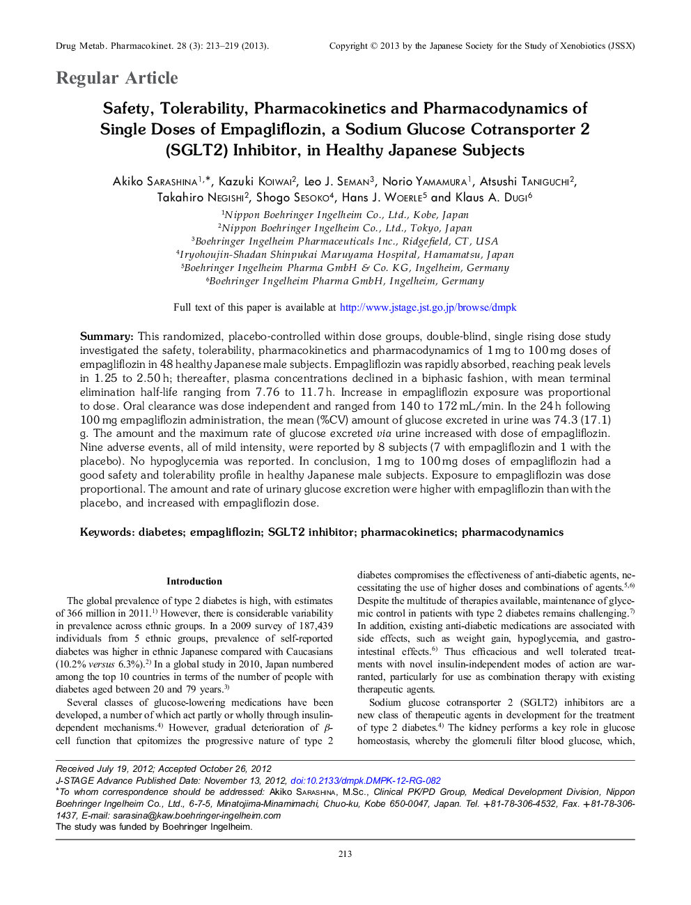 Safety, Tolerability, Pharmacokinetics and Pharmacodynamics of Single Doses of Empagliflozin, a Sodium Glucose Cotransporter 2 (SGLT2) Inhibitor, in Healthy Japanese Subjects 