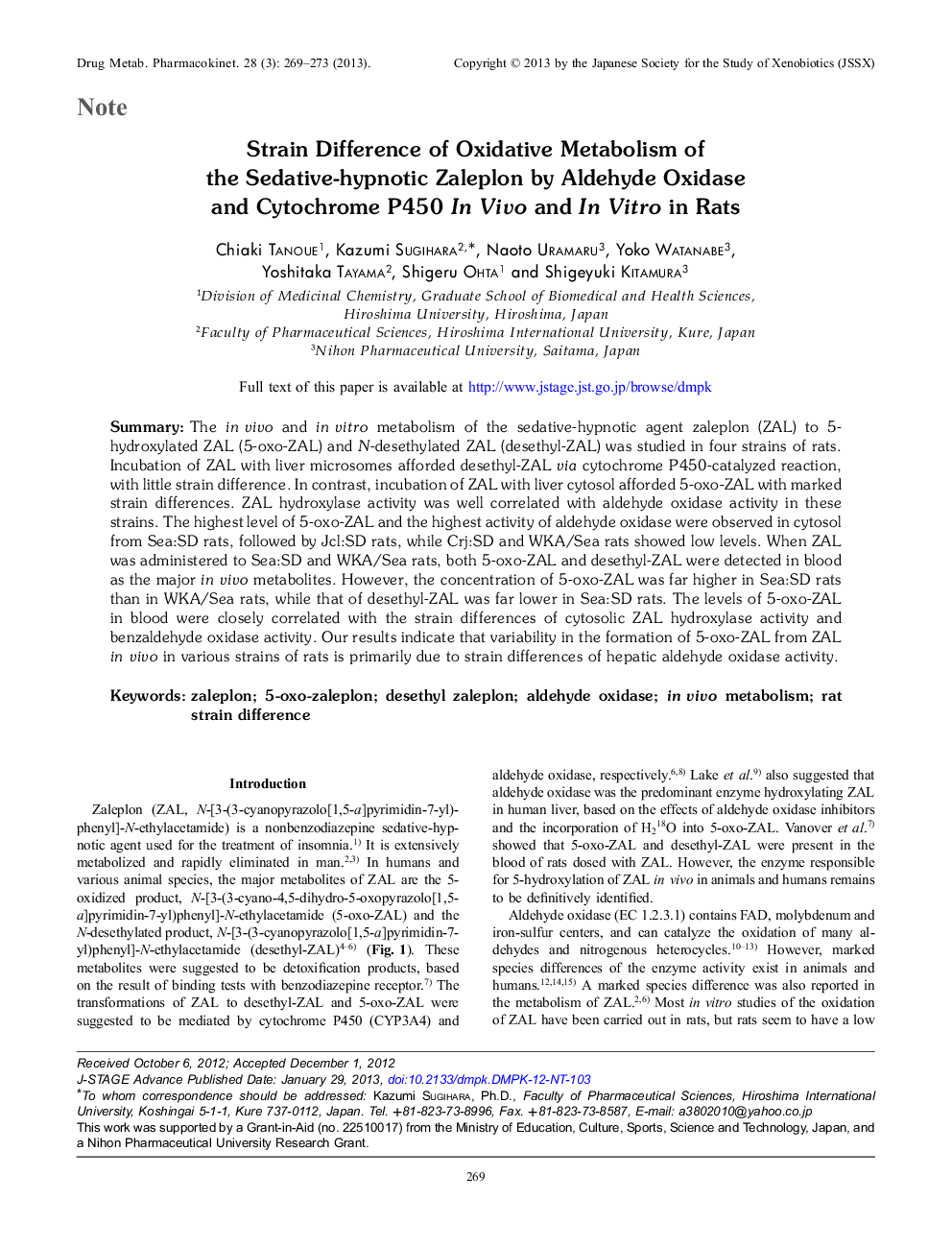 Strain Difference of Oxidative Metabolism of the Sedative-hypnotic Zaleplon by Aldehyde Oxidase and Cytochrome P450 In Vivo and In Vitro in Rats 