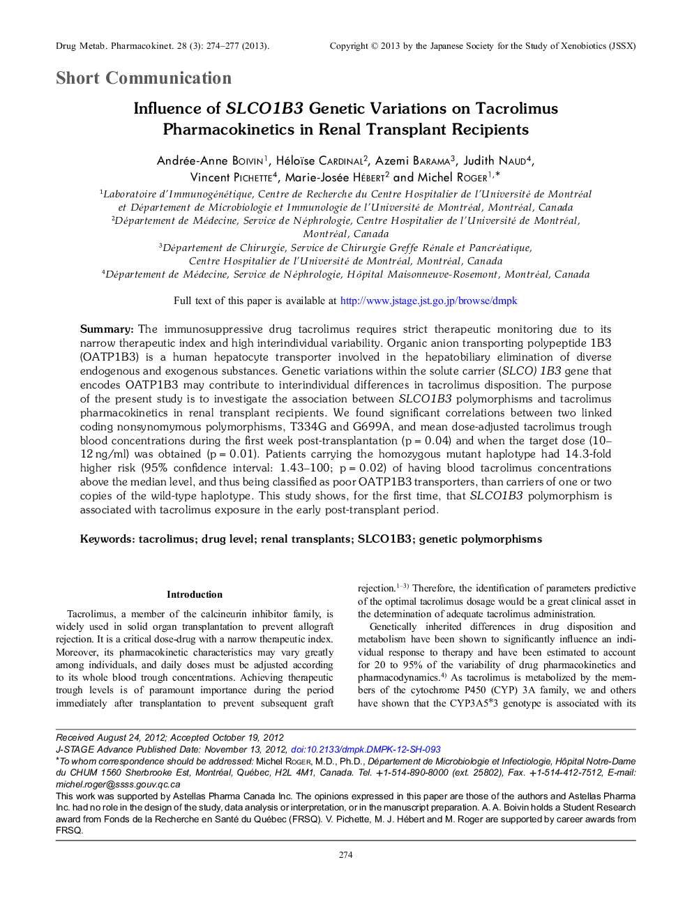 Influence of SLCO1B3 Genetic Variations on Tacrolimus Pharmacokinetics in Renal Transplant Recipients 