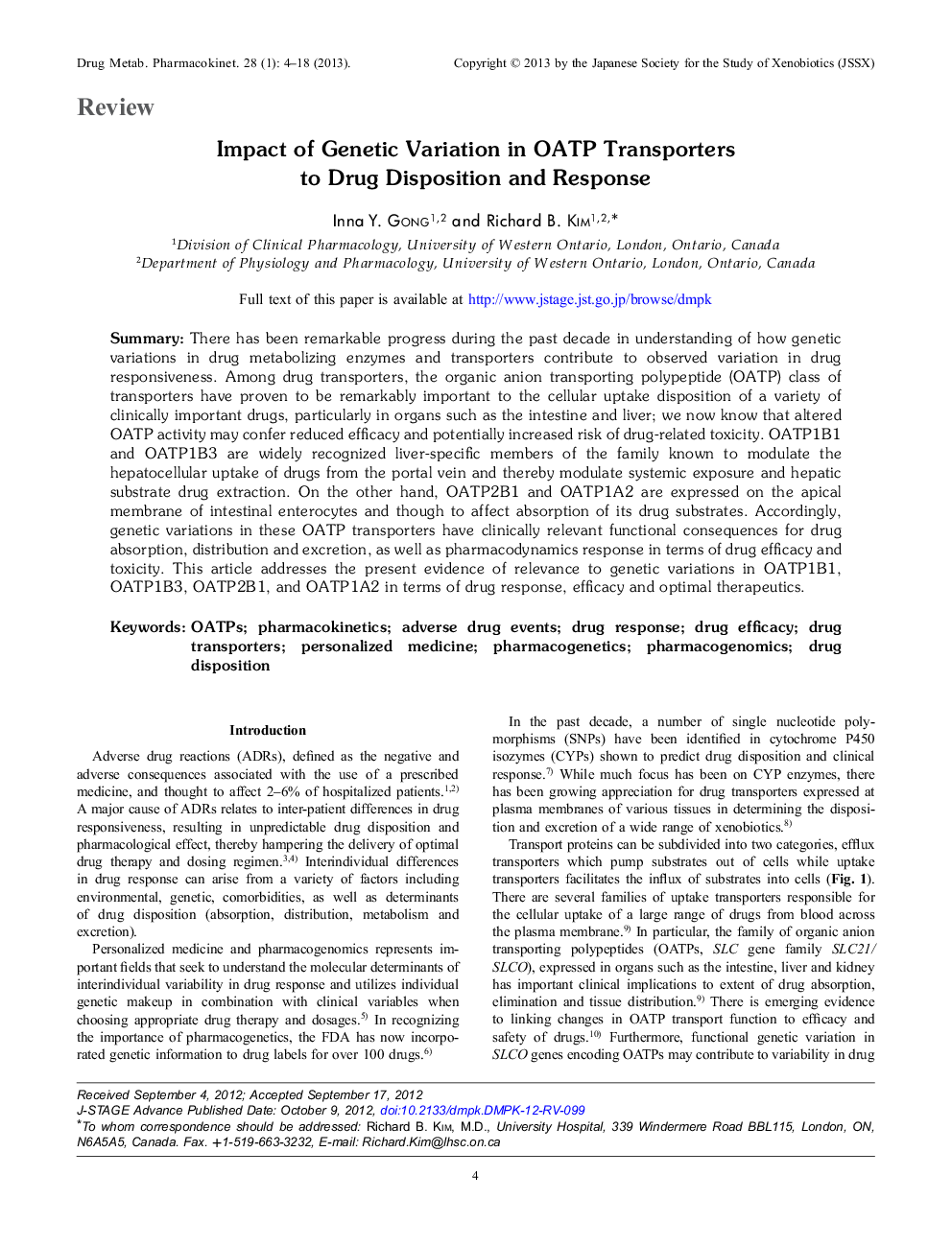 Impact of Genetic Variation in OATP Transporters to Drug Disposition and Response