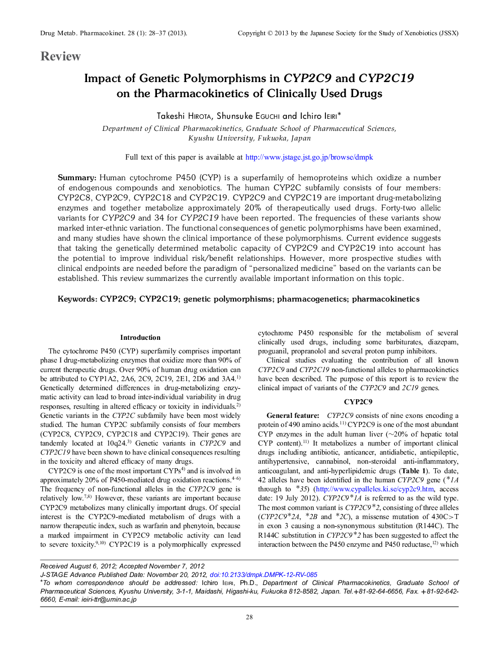 Impact of Genetic Polymorphisms in CYP2C9 and CYP2C19 on the Pharmacokinetics of Clinically Used Drugs