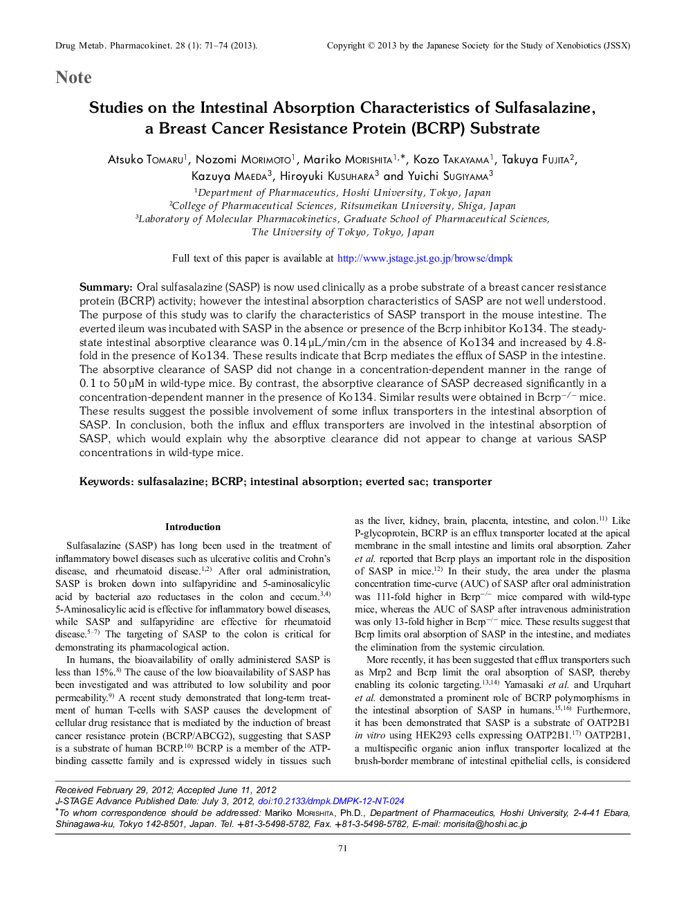 Studies on the Intestinal Absorption Characteristics of Sulfasalazine a Breast Cancer Resistance Protein (BCRP) Substrate