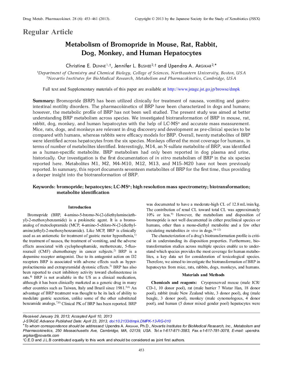 Metabolism of Bromopride in Mouse, Rat, Rabbit, Dog, Monkey, and Human Hepatocytes