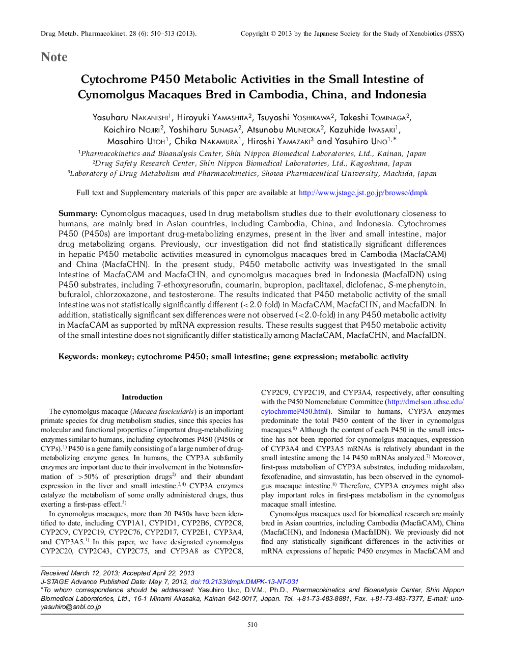 Cytochrome P450 Metabolic Activities in the Small Intestine of Cynomolgus Macaques Bred in Cambodia, China, and Indonesia