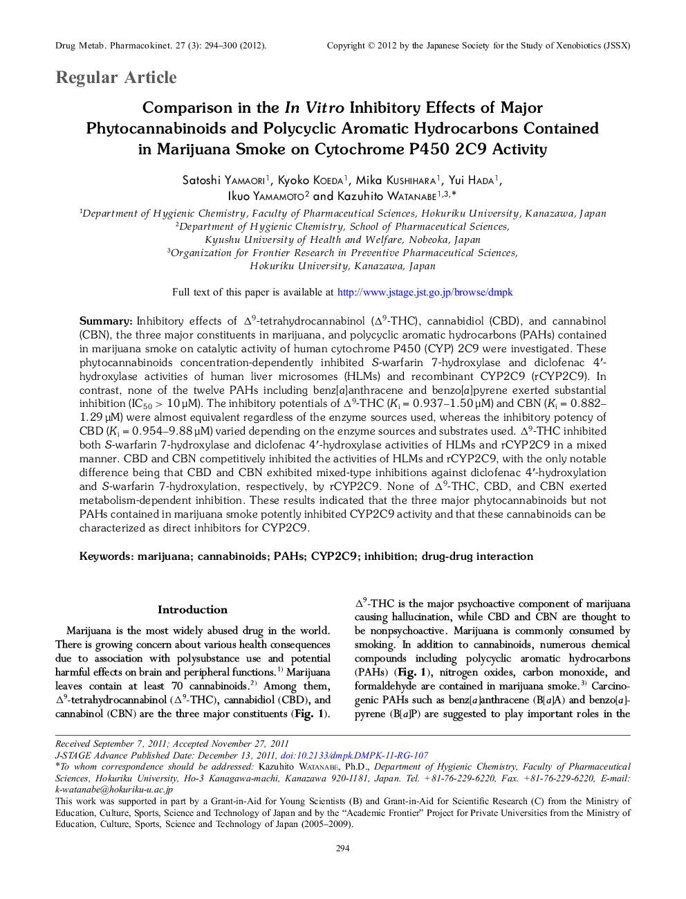 Comparison in the In Vitro Inhibitory Effects of Major Phytocannabinoids and Polycyclic Aromatic Hydrocarbons Contained in Marijuana Smoke on Cytochrome P450 2C9 Activity 