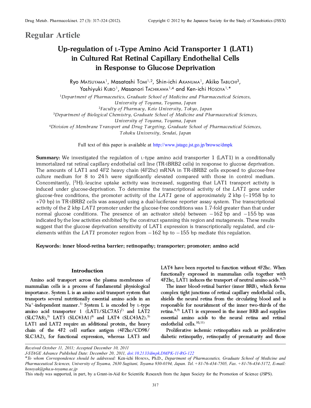 Up-regulation of l-Type Amino Acid Transporter 1 (LAT1) in Cultured Rat Retinal Capillary Endothelial Cells in Response to Glucose Deprivation 