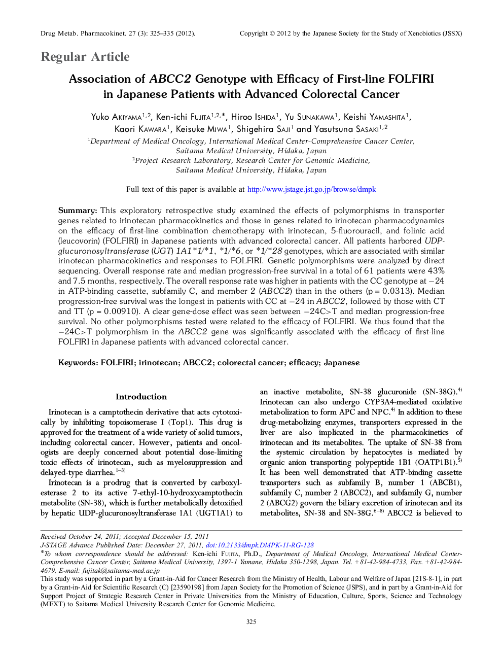 Association of ABCC2 Genotype with Efficacy of First-line FOLFIRI in Japanese Patients with Advanced Colorectal Cancer 