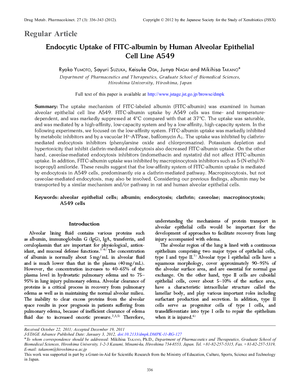 Endocytic Uptake of FITC-albumin by Human Alveolar Epithelial Cell Line A549 