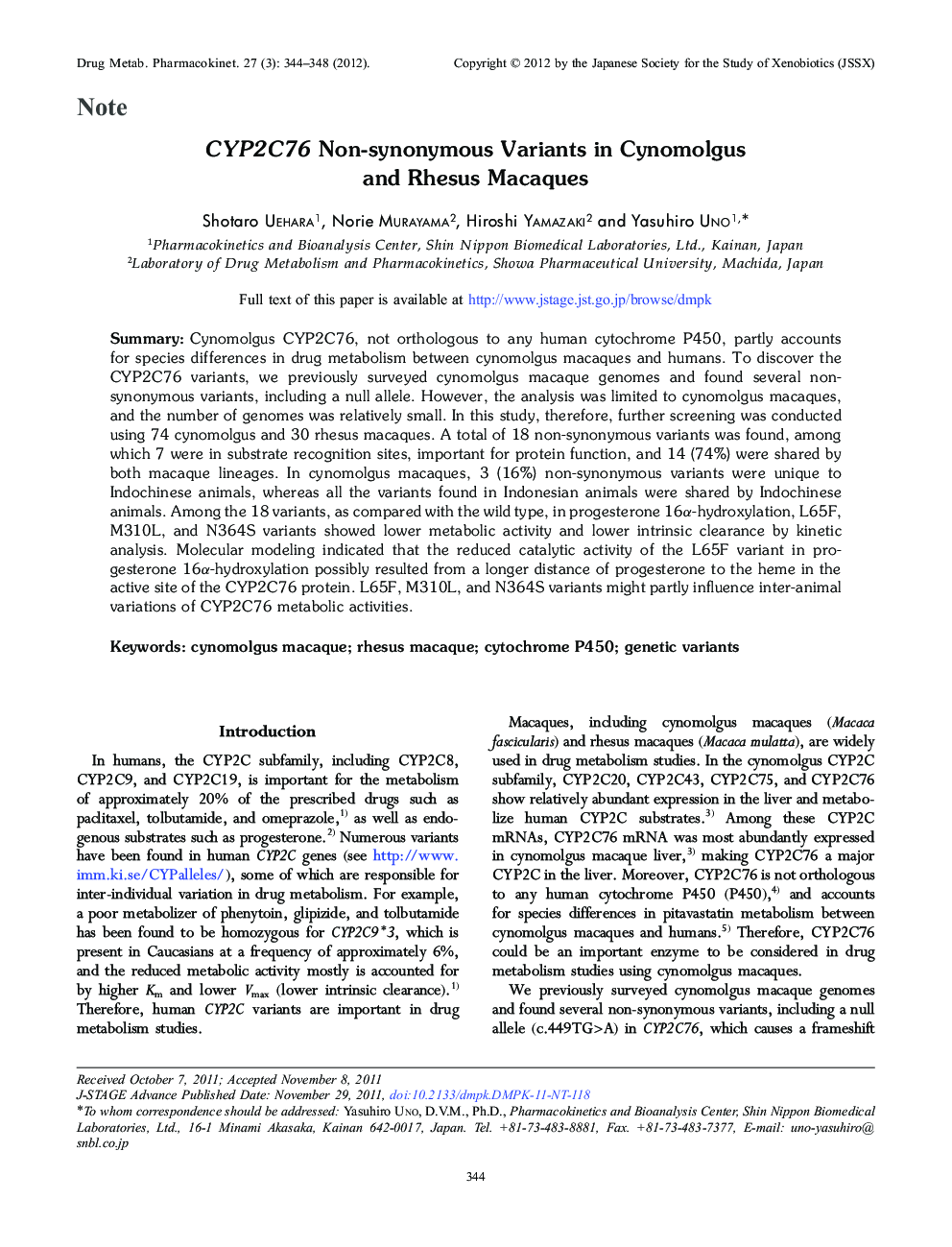 CYP2C76 Non-synonymous Variants in Cynomolgus and Rhesus Macaques
