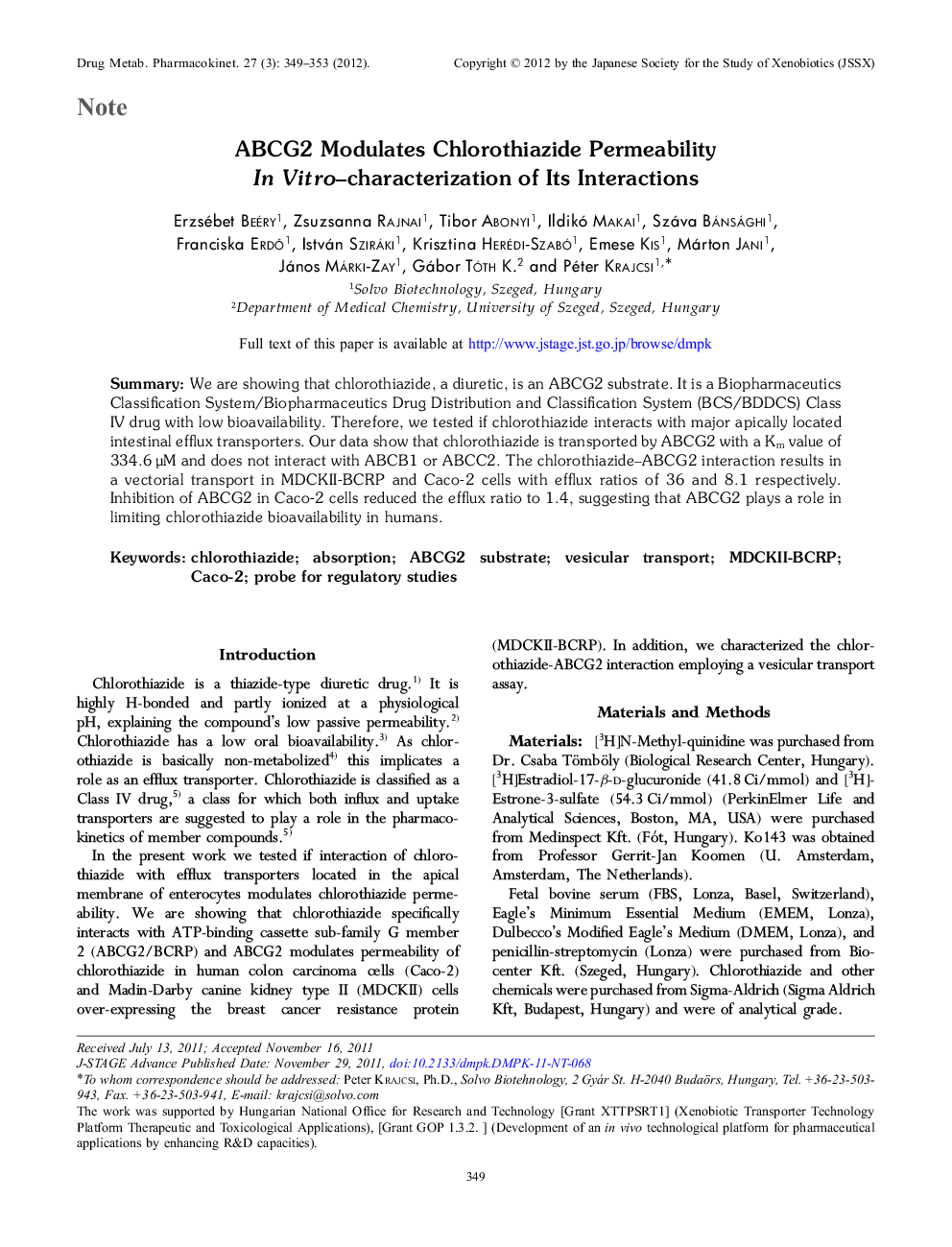 ABCG2 Modulates Chlorothiazide Permeability In Vitro–characterization of Its Interactions 