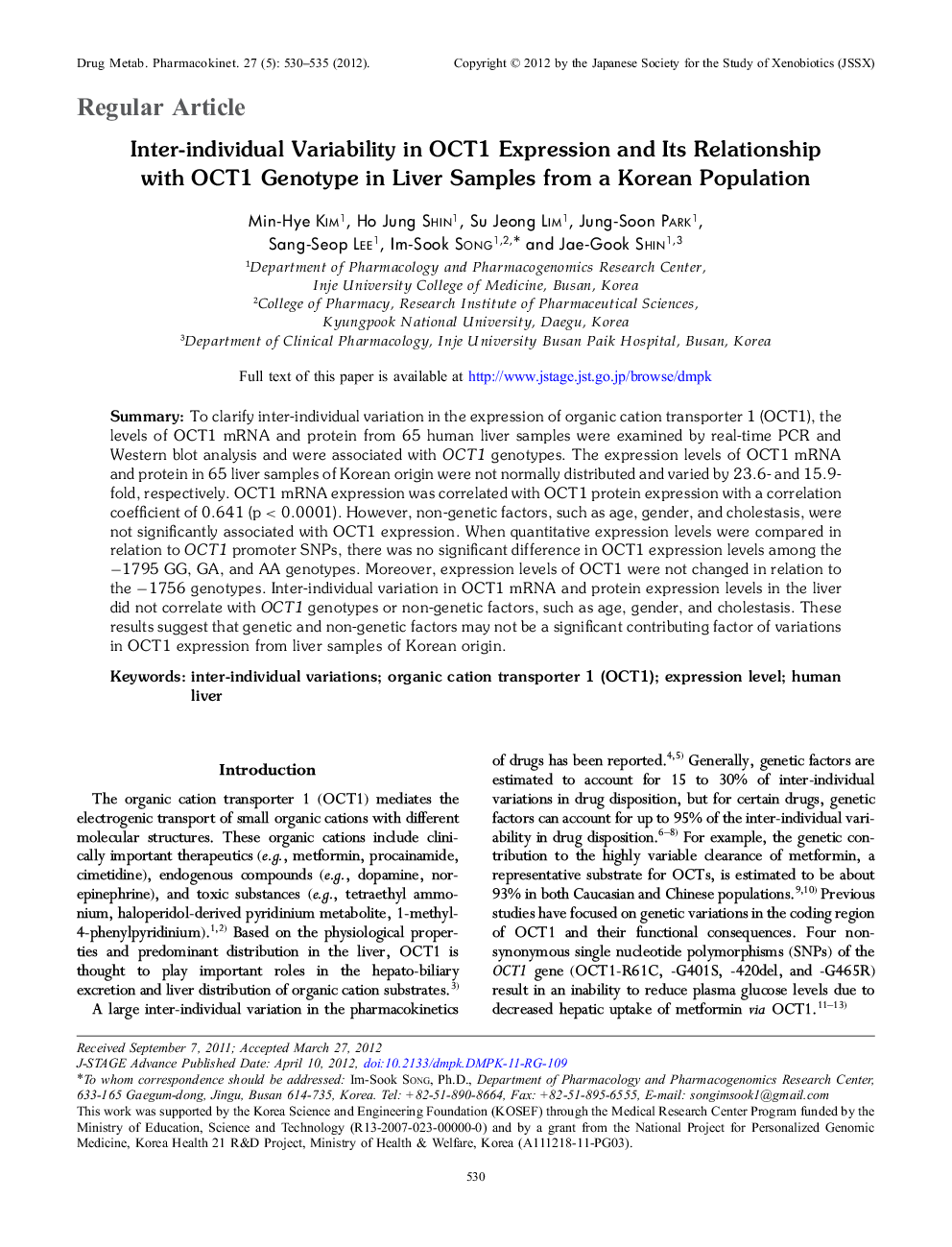 Inter-individual Variability in OCT1 Expression and Its Relationship with OCT1 Genotype in Liver Samples from a Korean Population 