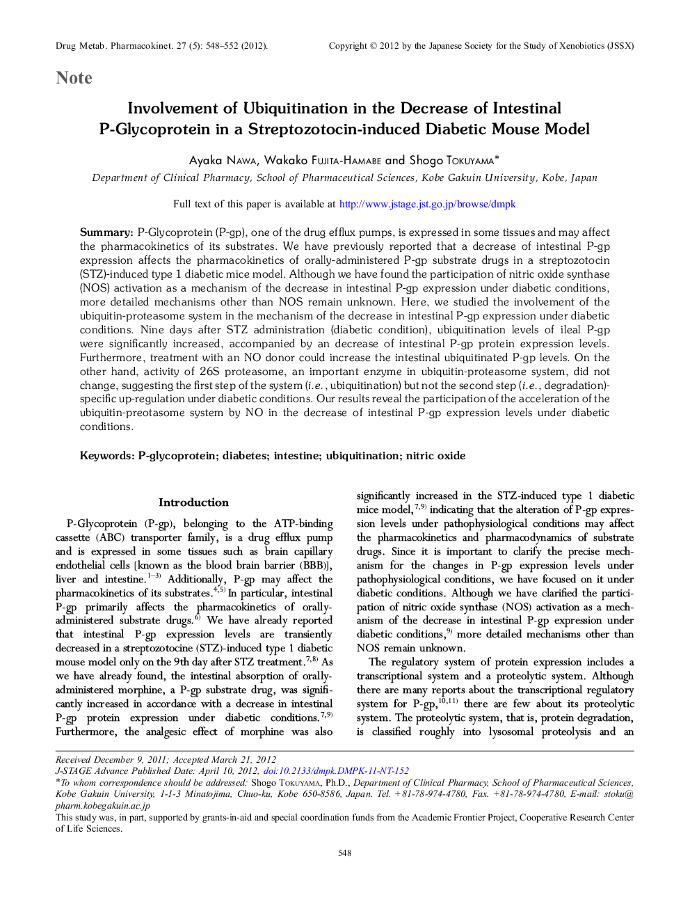 Involvement of Ubiquitination in the Decrease of Intestinal P-Glycoprotein in a Streptozotocin-induced Diabetic Mouse Model 