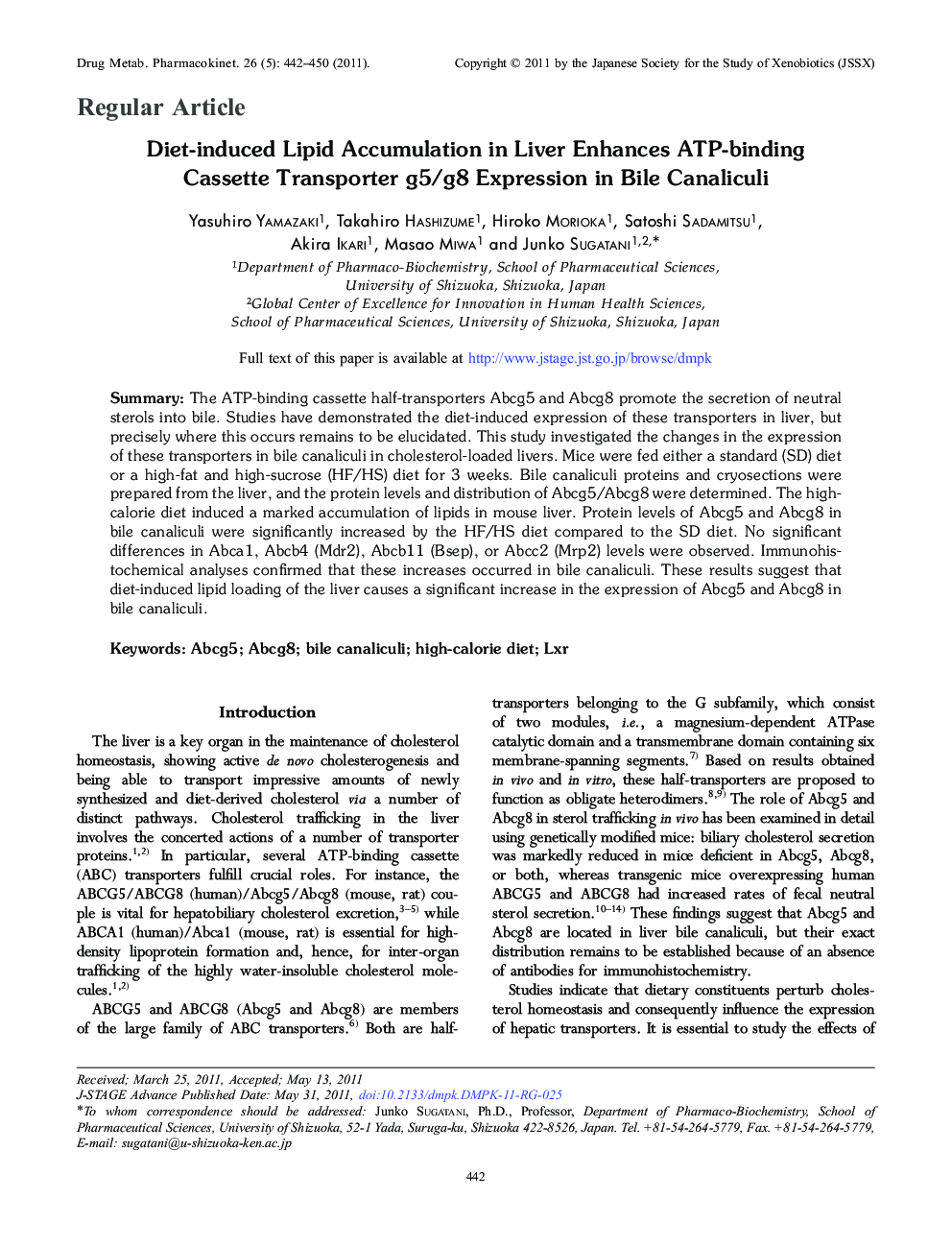 Diet-induced Lipid Accumulation in Liver Enhances ATP-binding Cassette Transporter g5/g8 Expression in Bile Canaliculi