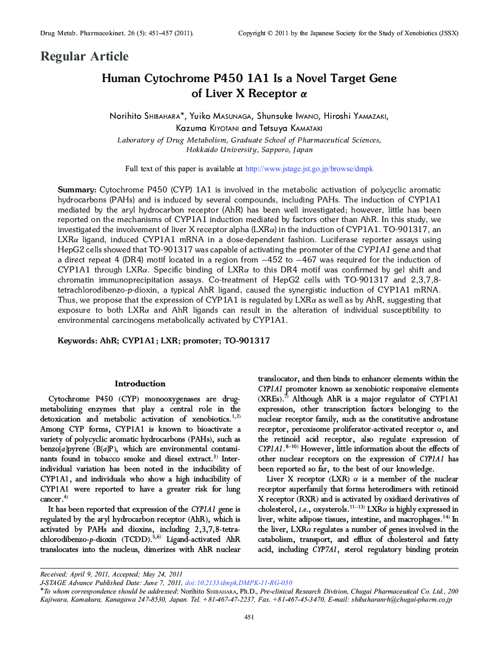 Human Cytochrome P450 1A1 Is a Novel Target Gene of Liver X Receptor α