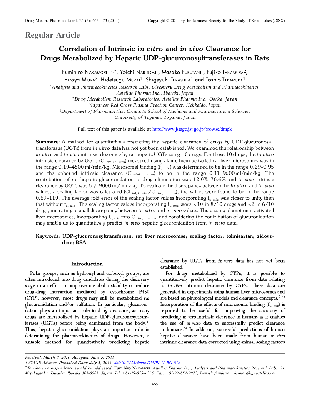 Correlation of Intrinsic in vitro and in vivo Clearance for Drugs Metabolized by Hepatic UDP-glucuronosyltransferases in Rats
