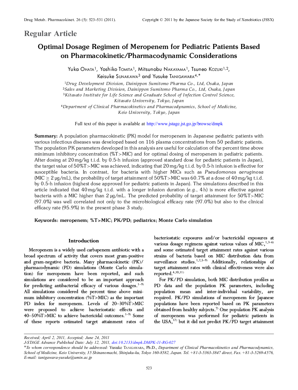Optimal Dosage Regimen of Meropenem for Pediatric Patients Based on Pharmacokinetic/Pharmacodynamic Considerations