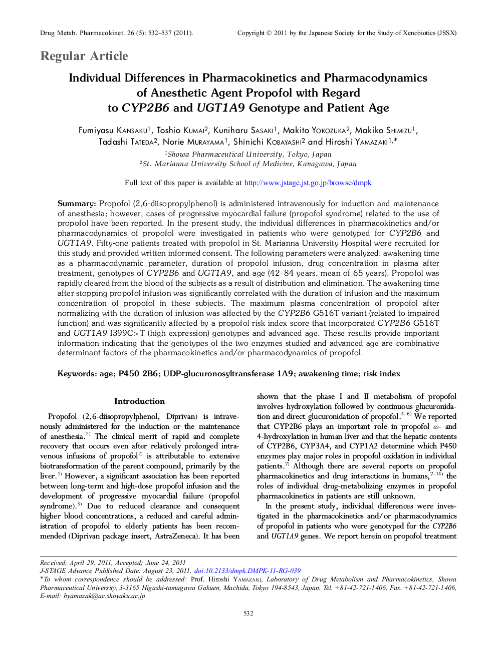 Individual Differences in Pharmacokinetics and Pharmacodynamics of Anesthetic Agent Propofol with Regard to CYP2B6 and UGT1A9 Genotype and Patient Age