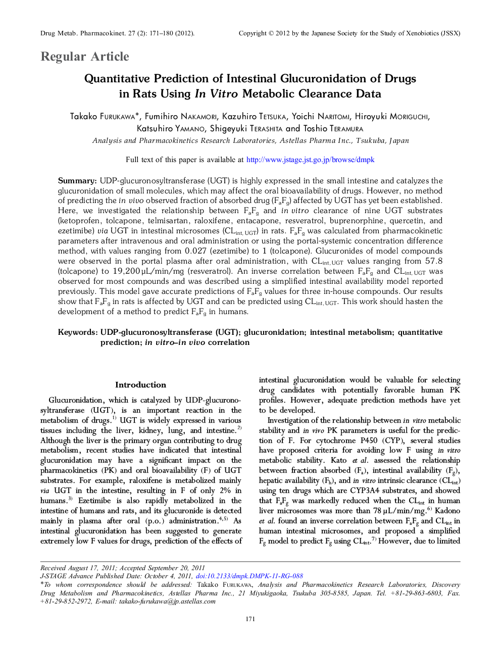 Quantitative Prediction of Intestinal Glucuronidation of Drugs in Rats Using In Vitro Metabolic Clearance Data