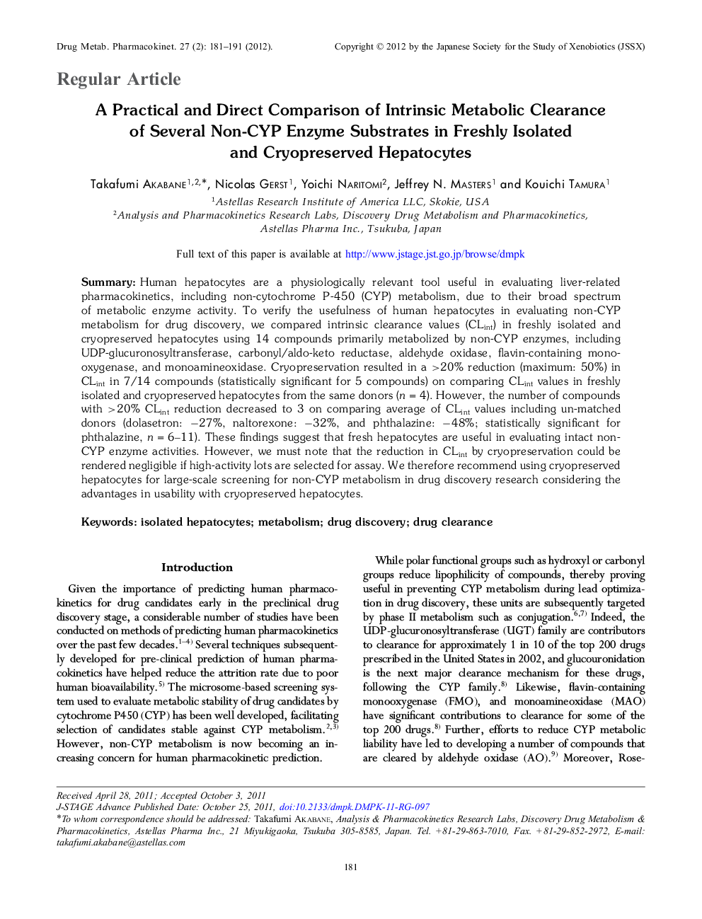 A Practical and Direct Comparison of Intrinsic Metabolic Clearance of Several Non-CYP Enzyme Substrates in Freshly Isolated and Cryopreserved Hepatocytes