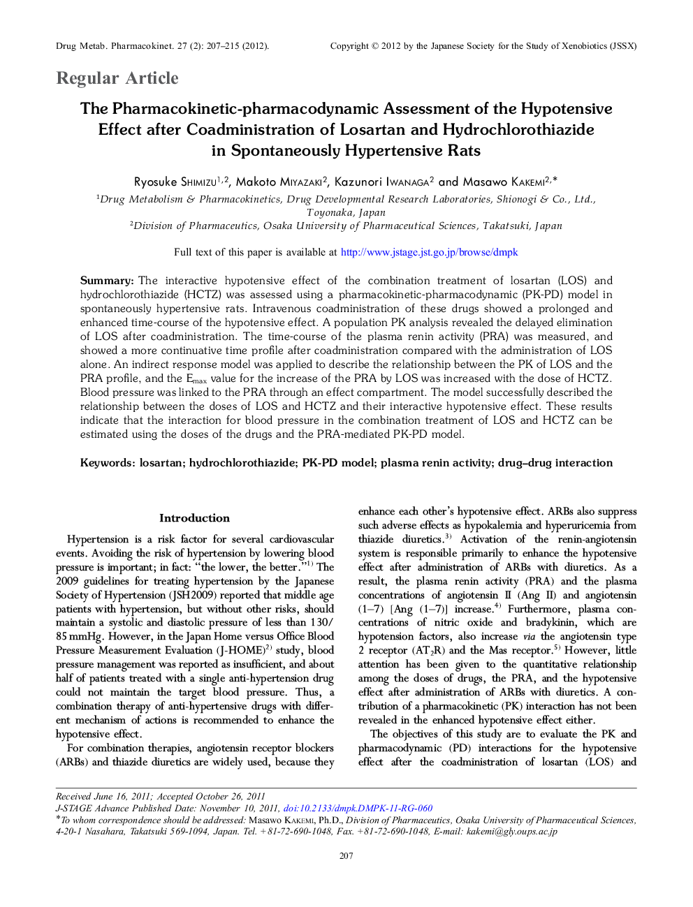 The Pharmacokinetic-pharmacodynamic Assessment of the Hypotensive Effect after Coadministration of Losartan and Hydrochlorothiazide in Spontaneously Hypertensive Rats