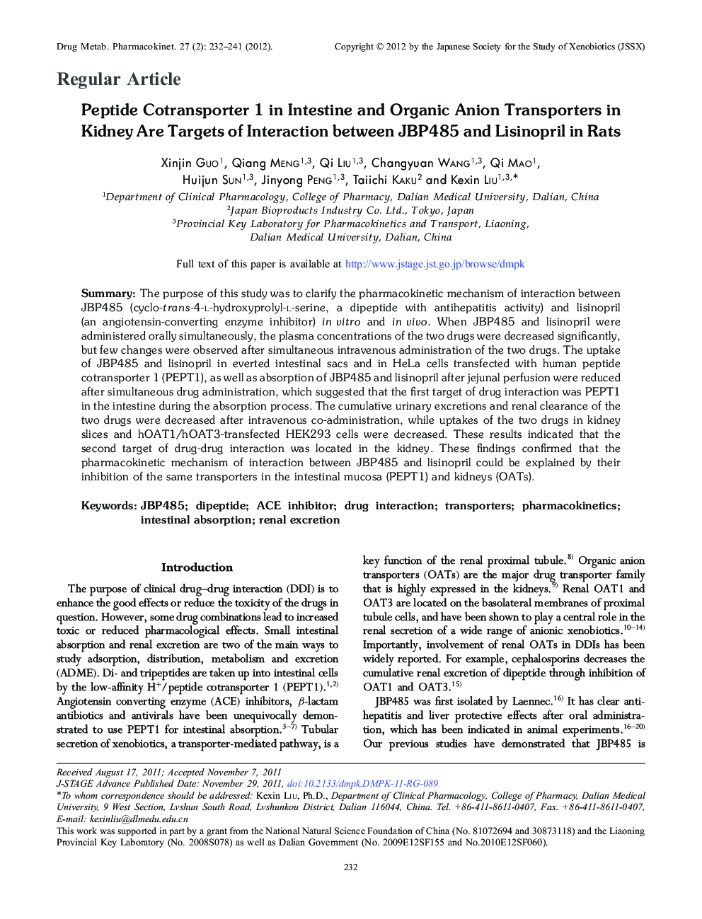 Peptide Cotransporter 1 in Intestine and Organic Anion Transporters in Kidney Are Targets of Interaction between JBP485 and Lisinopril in Rats 