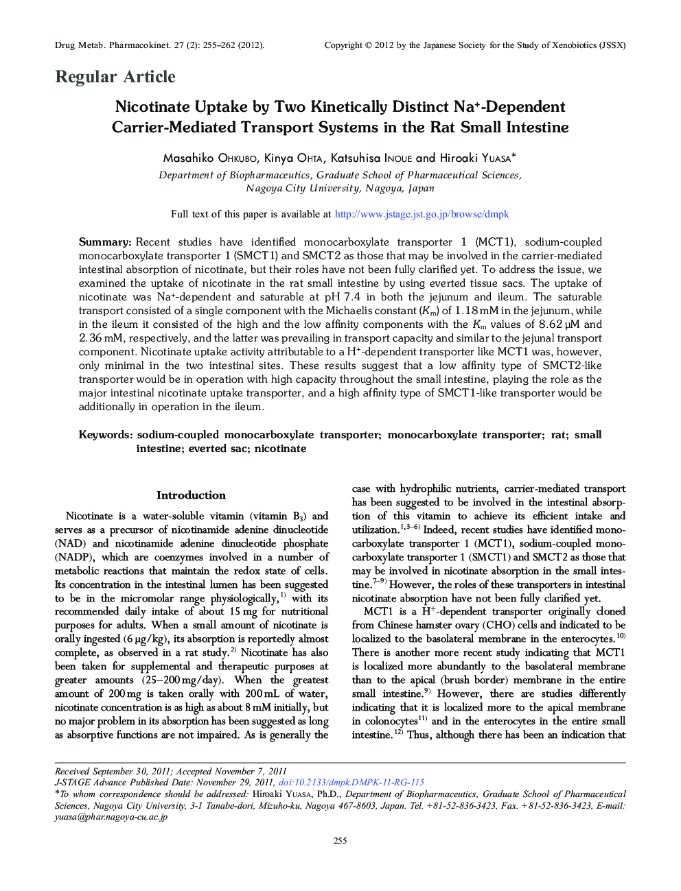 Nicotinate Uptake by Two Kinetically Distinct Na+-Dependent Carrier-Mediated Transport Systems in the Rat Small Intestine