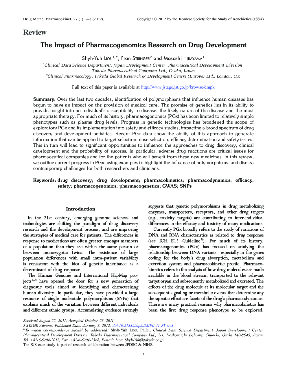 The Impact of Pharmacogenomics Research on Drug Development 