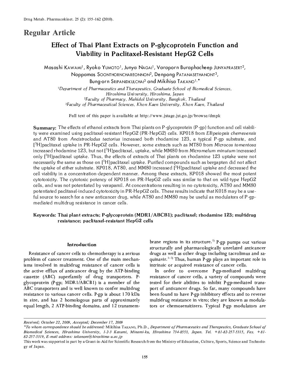 Effect of Thai Plant Extracts on P-glycoprotein Function and Viability in Paclitaxel-Resistant HepG2 Cells 