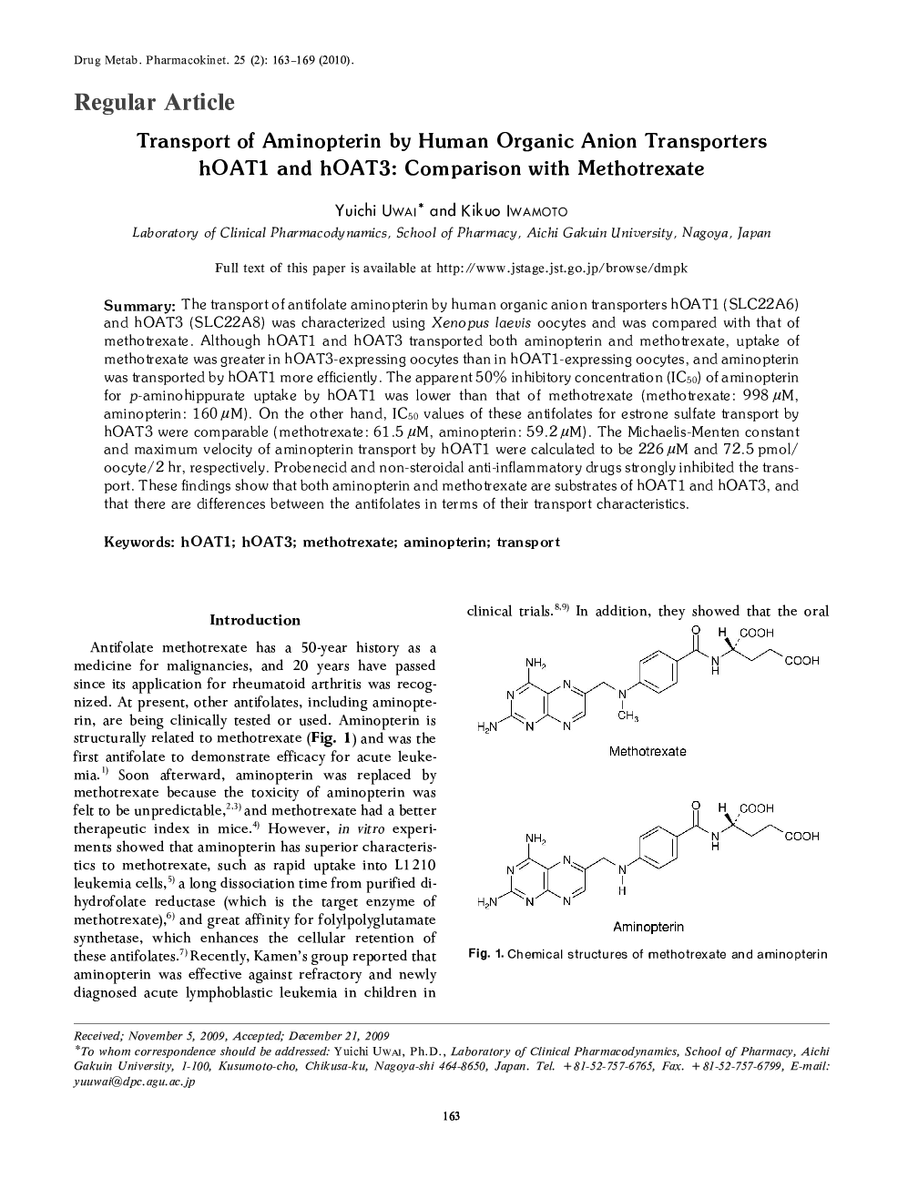 Transport of Aminopterin by Human Organic Anion Transporters hOAT1 and hOAT3: Comparison with Methotrexate