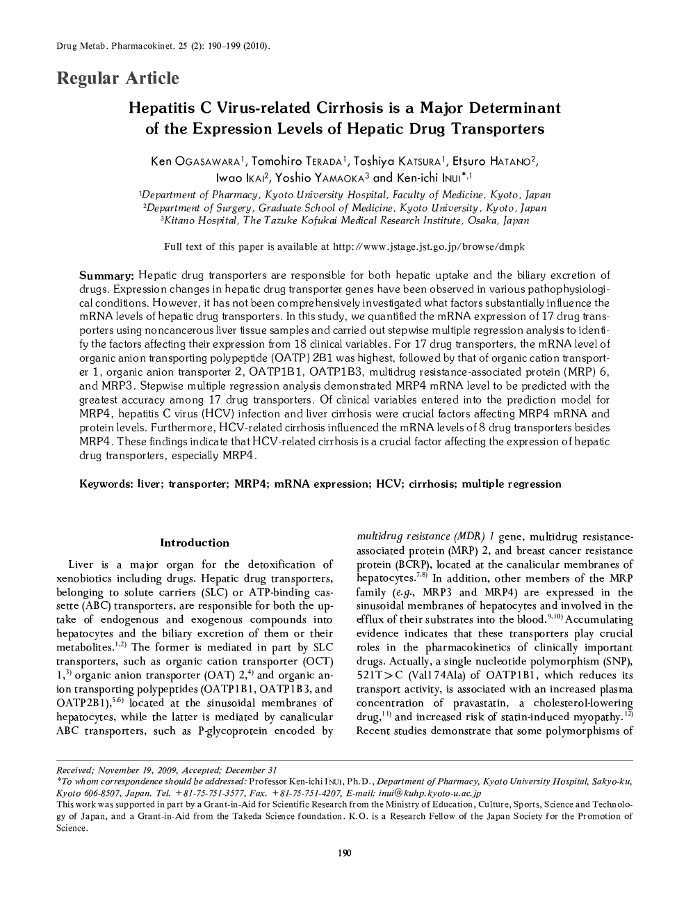 Hepatitis C Virus-related Cirrhosis is a Major Determinant of the Expression Levels of Hepatic Drug Transporters 