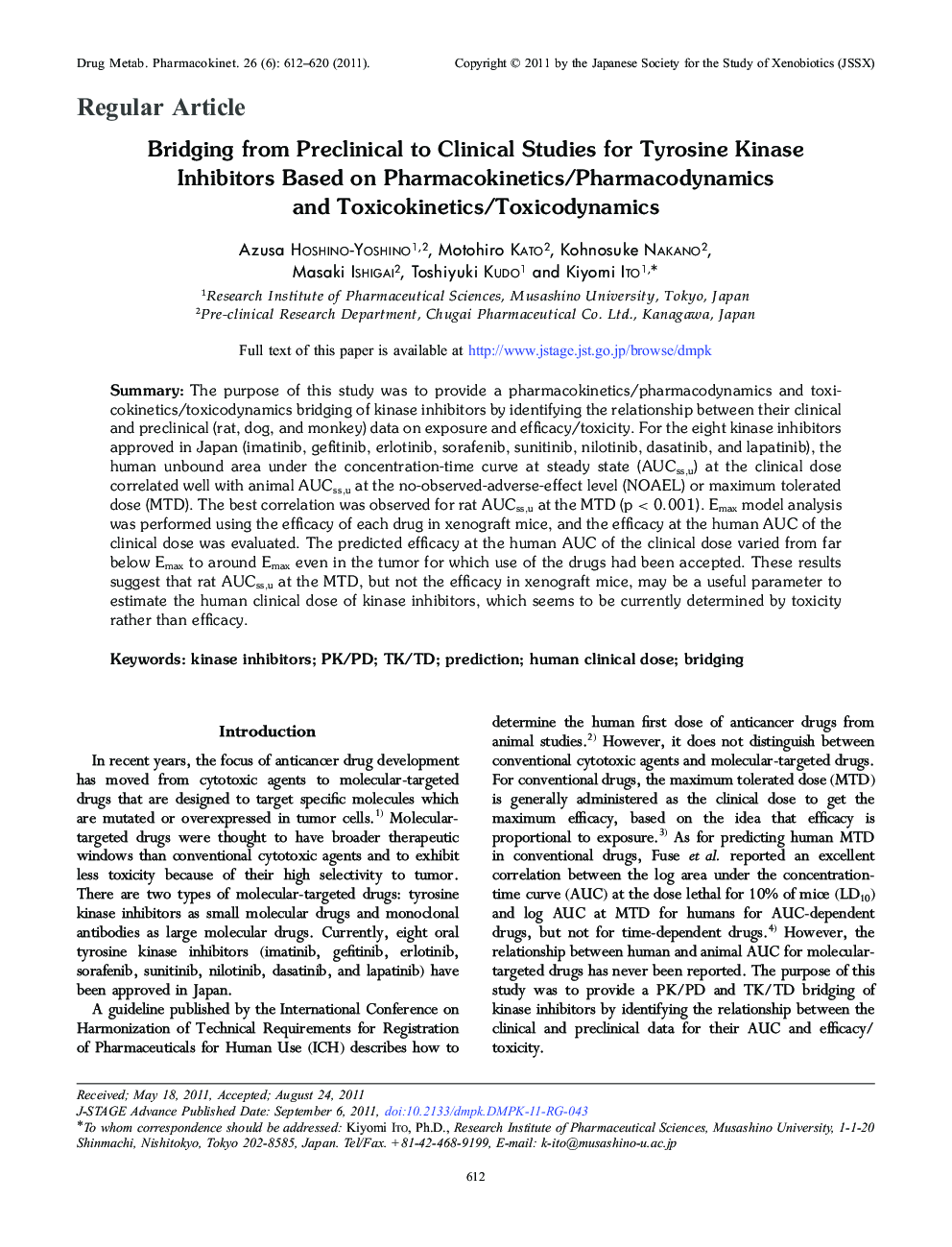 Bridging from Preclinical to Clinical Studies for Tyrosine Kinase Inhibitors Based on Pharmacokinetics/Pharmacodynamics and Toxicokinetics/Toxicodynamics