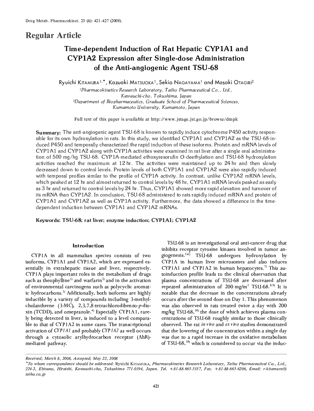 Time-dependent Induction of Rat Hepatic CYP1A1 and CYP1A2 Expression after Single-dose Administration of the Anti-angiogenic Agent TSU-68