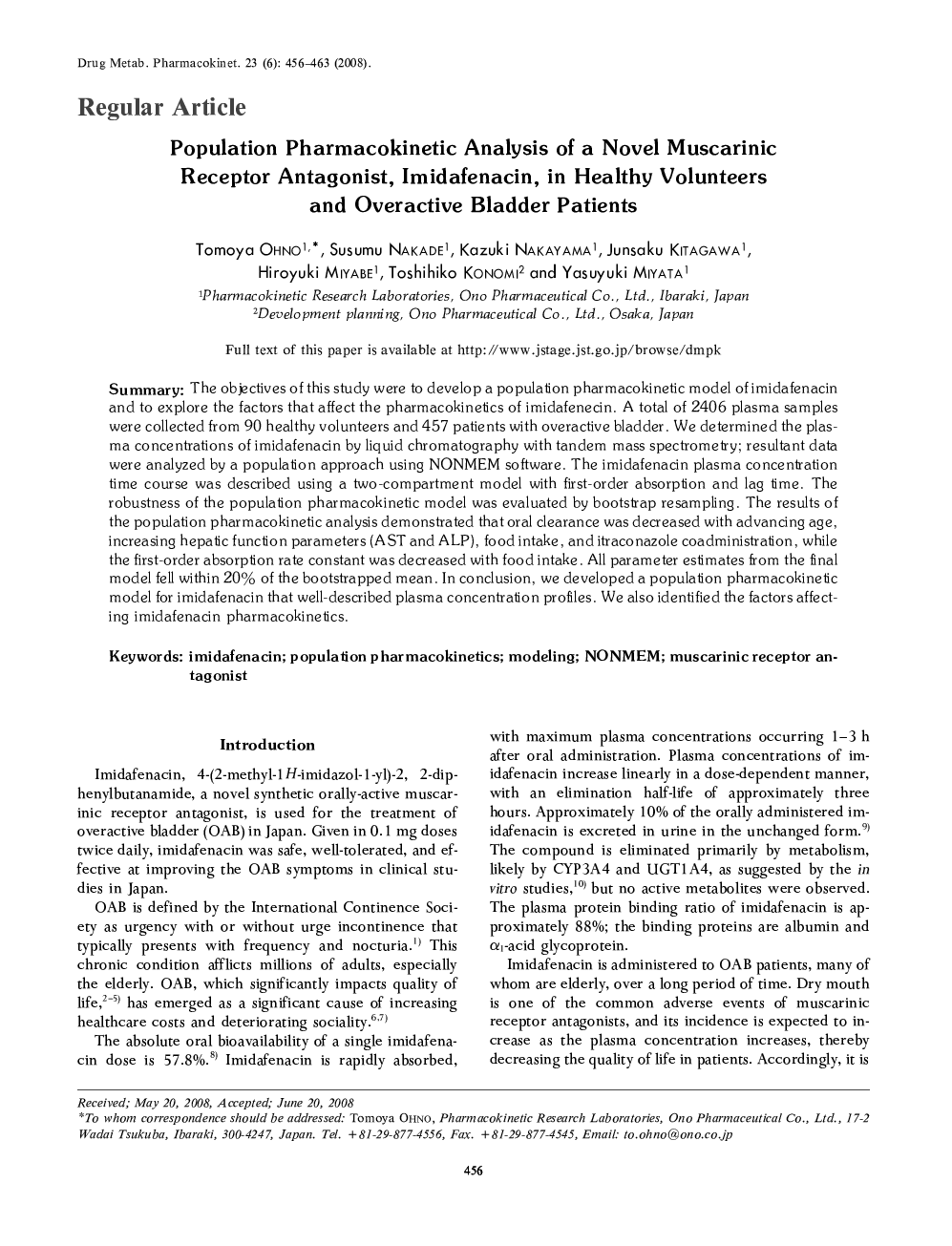 Population Pharmacokinetic Analysis of a Novel Muscarinic Receptor Antagonist, Imidafenacin, in Healthy Volunteers and Overactive Bladder Patients