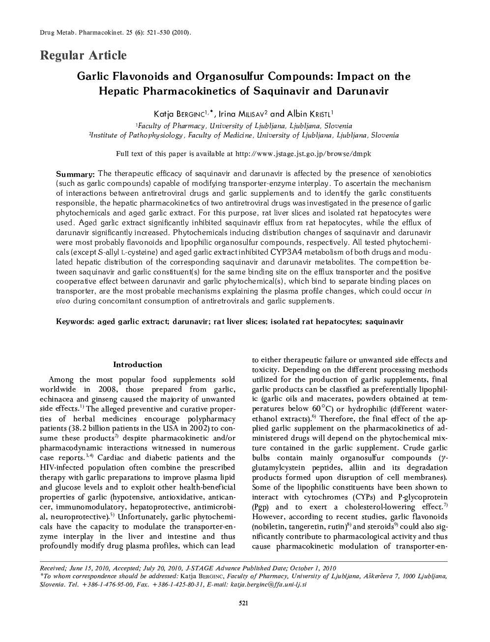 Garlic Flavonoids and Organosulfur Compounds: Impact on the Hepatic Pharmacokinetics of Saquinavir and Darunavir