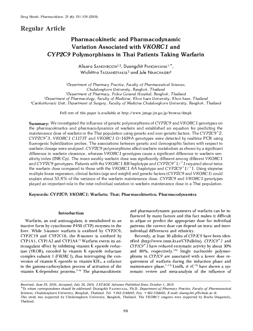 Pharmacokinetic and Pharmacodynamic Variation Associated with VKORC1 and CYP2C9 Polymorphisms in Thai Patients Taking Warfarin 