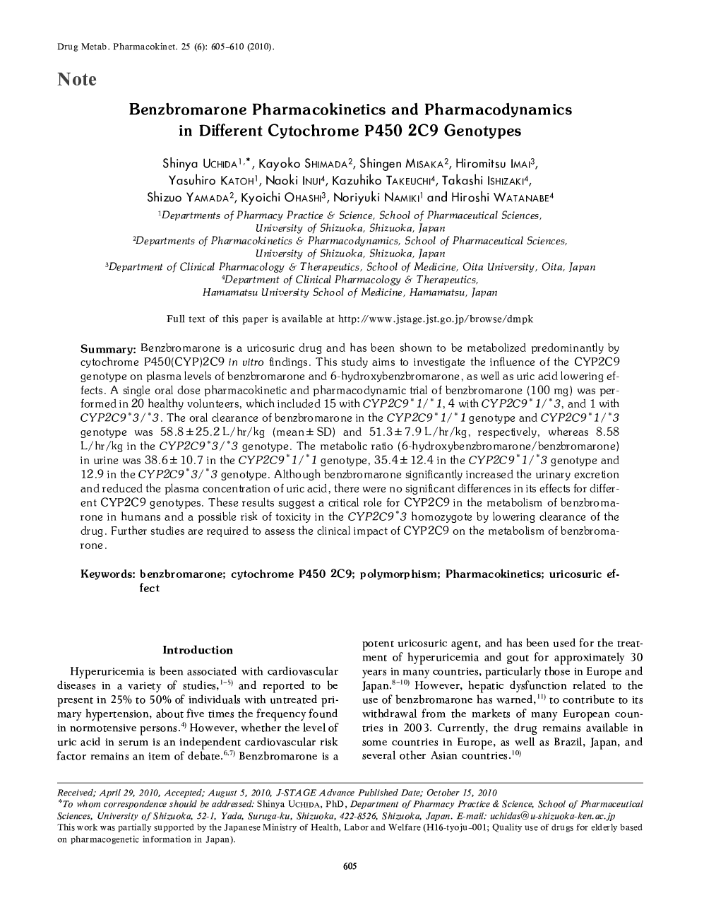 Benzbromarone Pharmacokinetics and Pharmacodynamics in Différent Cytochrome P450 2C9 Genotypes 