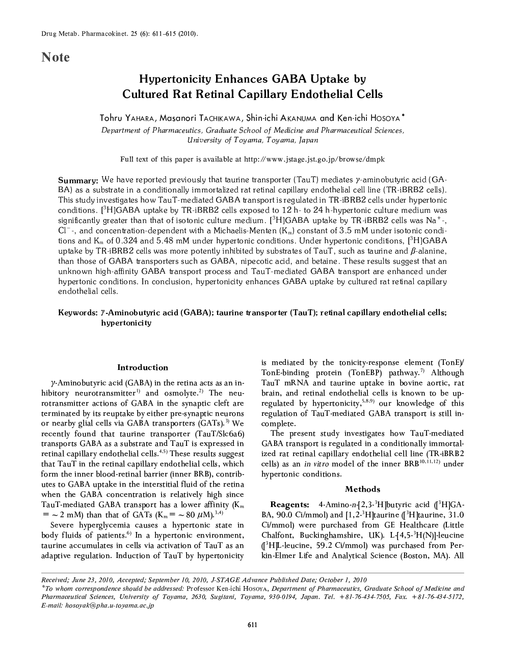 Hypertonicity Enhances GABA Uptake by Cultured Rat Retinal Capillary Endothelial Cells